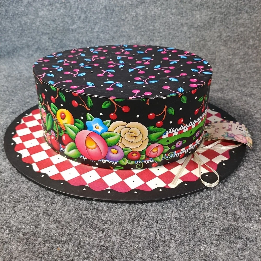Mary Engelbreit Hat Shaped Gift Box Black Red Cherry Floral Storage
